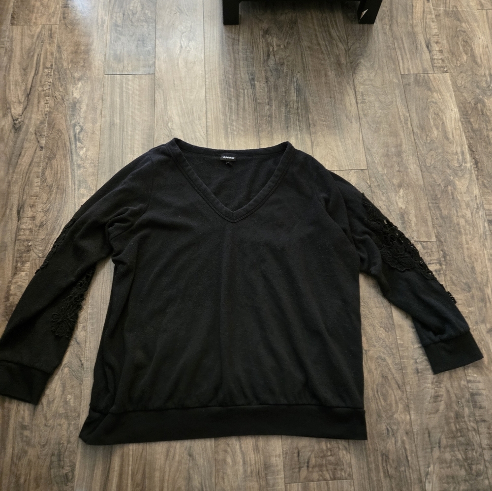 torrid Black V‑Neck Pullover with Lace Sleeve Detail